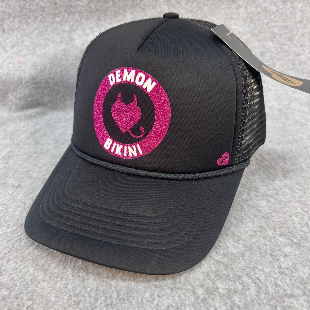 Demon Bikini Heart Womens Black Mother Trucker Hat Glitter Snapback OSFM